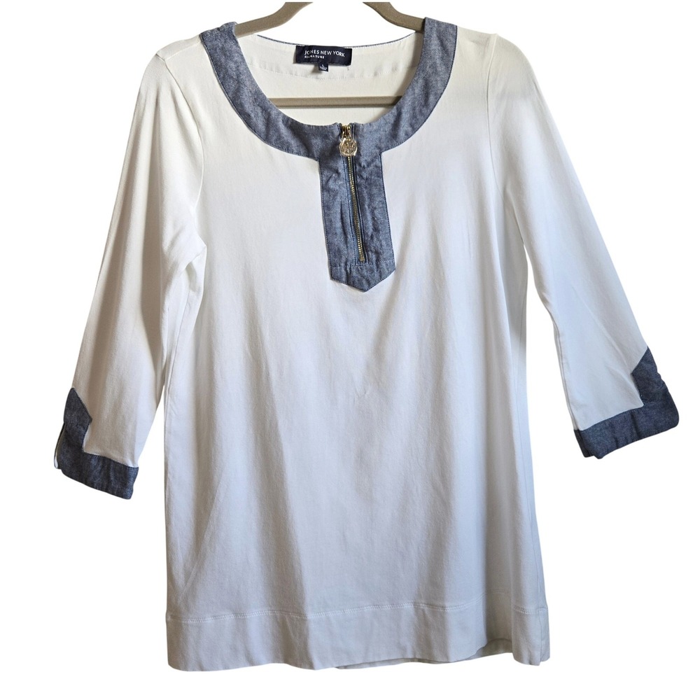 Jones New York‎ Signature Chic White 3/4 Sleeve Top Blue Trim Zip Neck Women's L